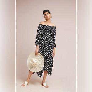 Anthropologie Maeve Black and White Dotted of the Shoulder Dress, Size 4